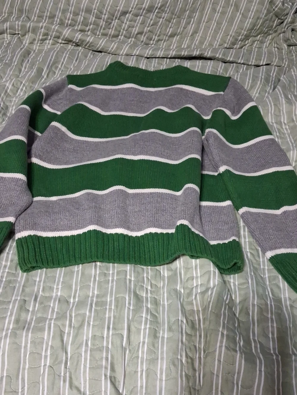 The Children's Place Green, Gray & White Striped Crewneck Sweater